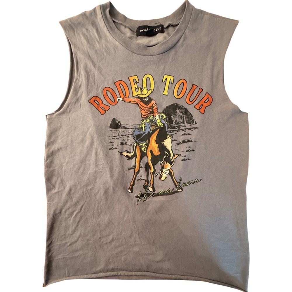 SOCIAL SCENE Womens Grey Rodeo Tour Graphic Muscle Tank‎ Top S Bead Fringe Back